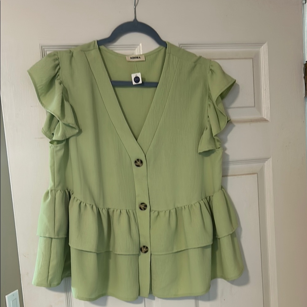 ADORA Green Ruffled Buttoned Blouse